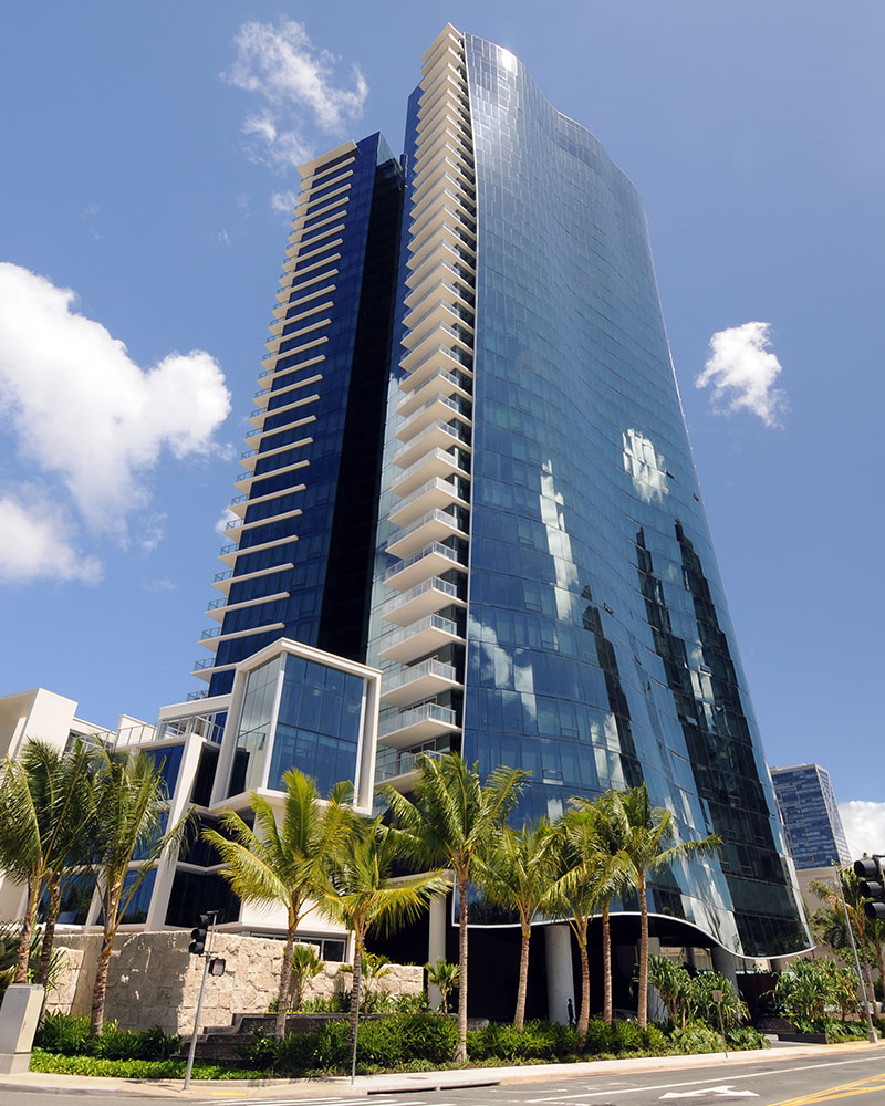 Waiea Tower with a clear blue sky background