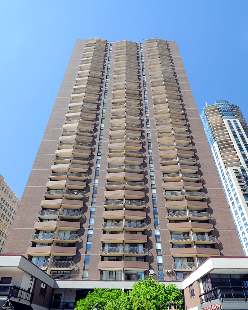 Brooks Tower residential building multi-levels and balconies